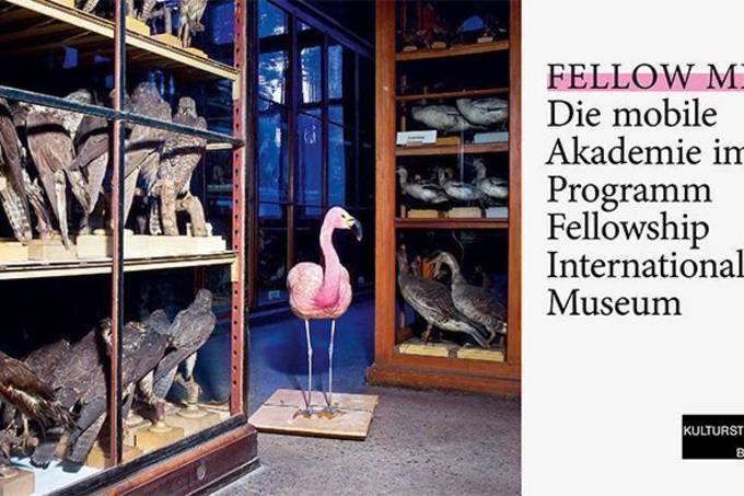 Postcard with flamingo motif and text "Fellow Me! The Mobile Academy in the Fellowship International Museum Programme"".