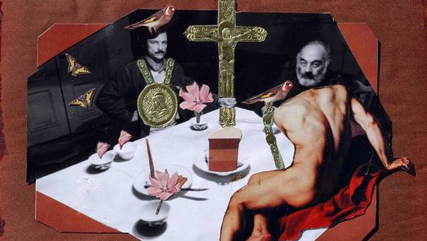 Collage mit einem Tisch, zwei Personen, eine Kreuz, Vögeln, Schmetterlingen und Blumen