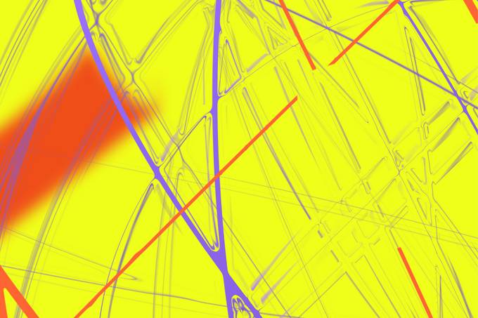 Leuchtend gelber Hintergrund mit darüber laufenden lila und hellroten Linien, Ellipsen und Strichellinien. Vermittelt ein räumliches Gefühl.